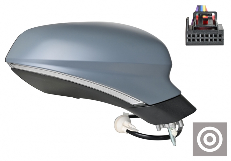 Rétroviseur droit complet, électrique, convexe, apprêté. Rabattable électriquement, feu clignotant et lumière de courtoisie. 9 broches