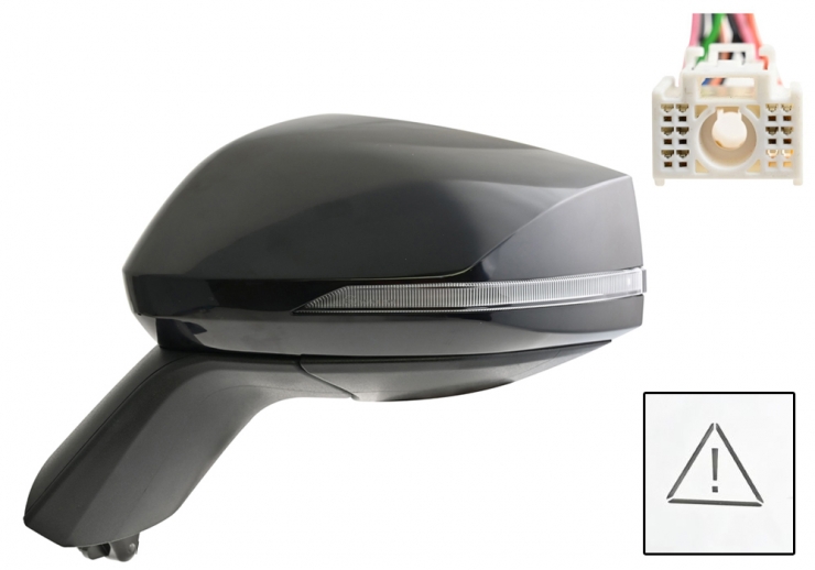 Rétroviseur gauche complet, apprêté, électrique, asphérique, chauffant. Base apprêtée. Rabattable électriquement, avec feu clignotant et 10 broches latérales.