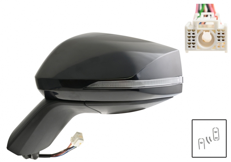 Rétroviseur gauche complet, apprêté, électrique, asphérique, chauffant. Base texturée. Rabattable électriquement, avec feu clignotant et side assist. 10 broches.