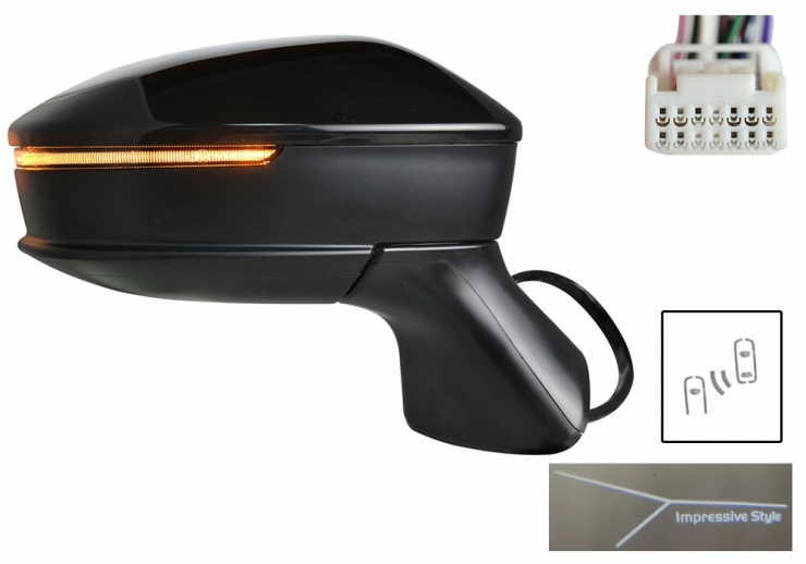 Rétroviseur droit, électrique, convexe, chauffant, apprêté, rabattable électriquement, avec feu clignotant, lumière de courtoisie et side assist (10 broches)