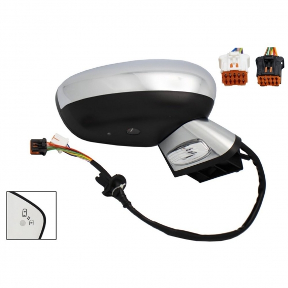 Rétroviseur électrique droit, chromé, convexe, chauffant, rabattable, avec feu clignotant, courtoisie, mémoire, side, sonde (8 et 10 broches)