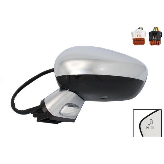 Rétroviseur électrique gauche, chromé, convexe, chauffant, rabattable, avec feu clignotant, courtoisie, mémoire, side (16 broches)